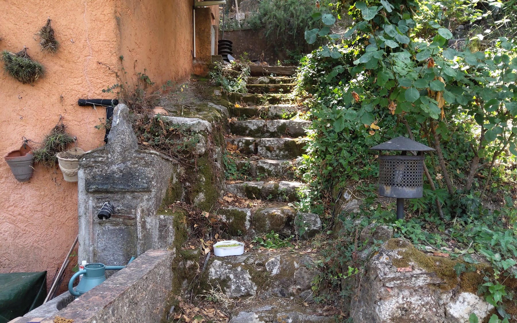 Escalier extérieur entre les différents niveaux du jardin en restanques